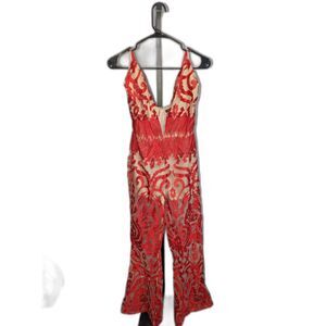 Banjul Red & Nude Lace Jumpsuit - Size M